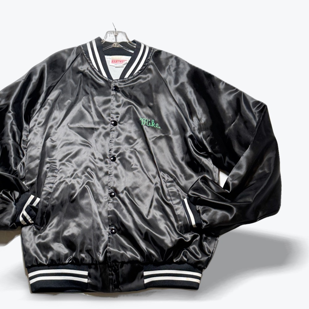 Vintage Hartwell Bomber Jacket Satin 1988 Wrestling State USA Mens Medium Black